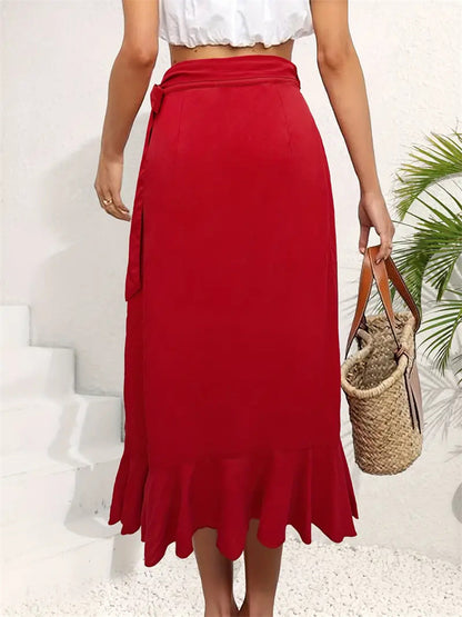 Solid Red Wrap Midi Skirt with Ruffle Trim and High-Low Hem