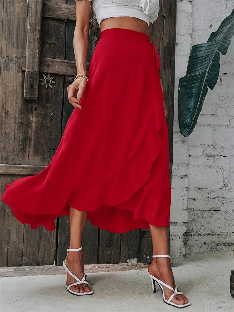 Solid Red Wrap Midi Skirt with Ruffle Trim and High-Low Hem