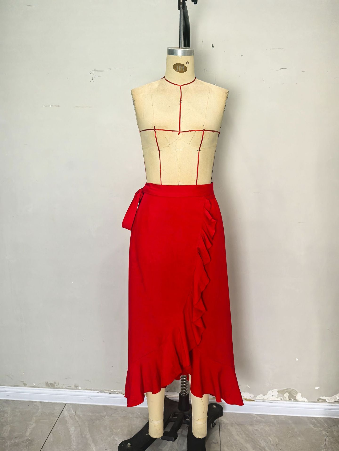 Solid Red Wrap Midi Skirt with Ruffle Trim and High-Low Hem