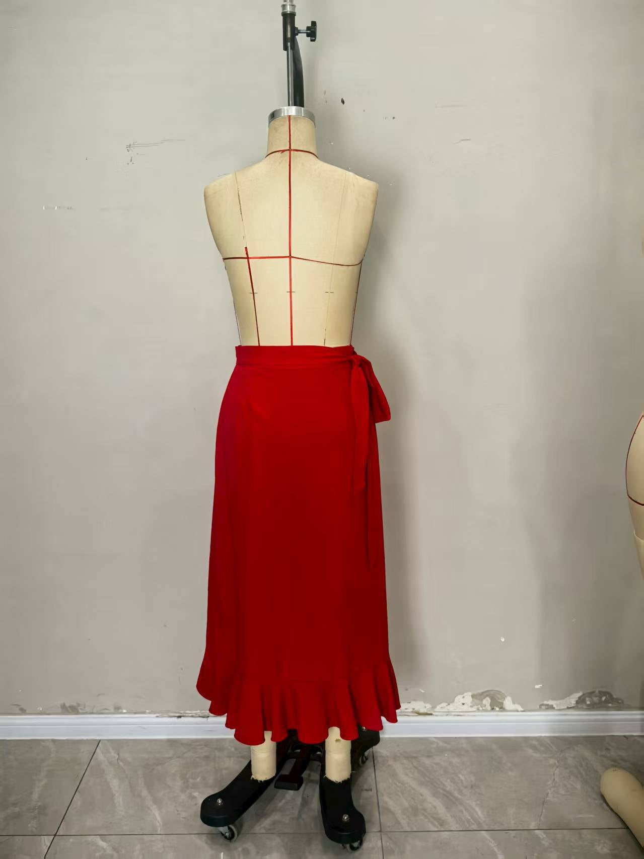 Solid Red Wrap Midi Skirt with Ruffle Trim and High-Low Hem