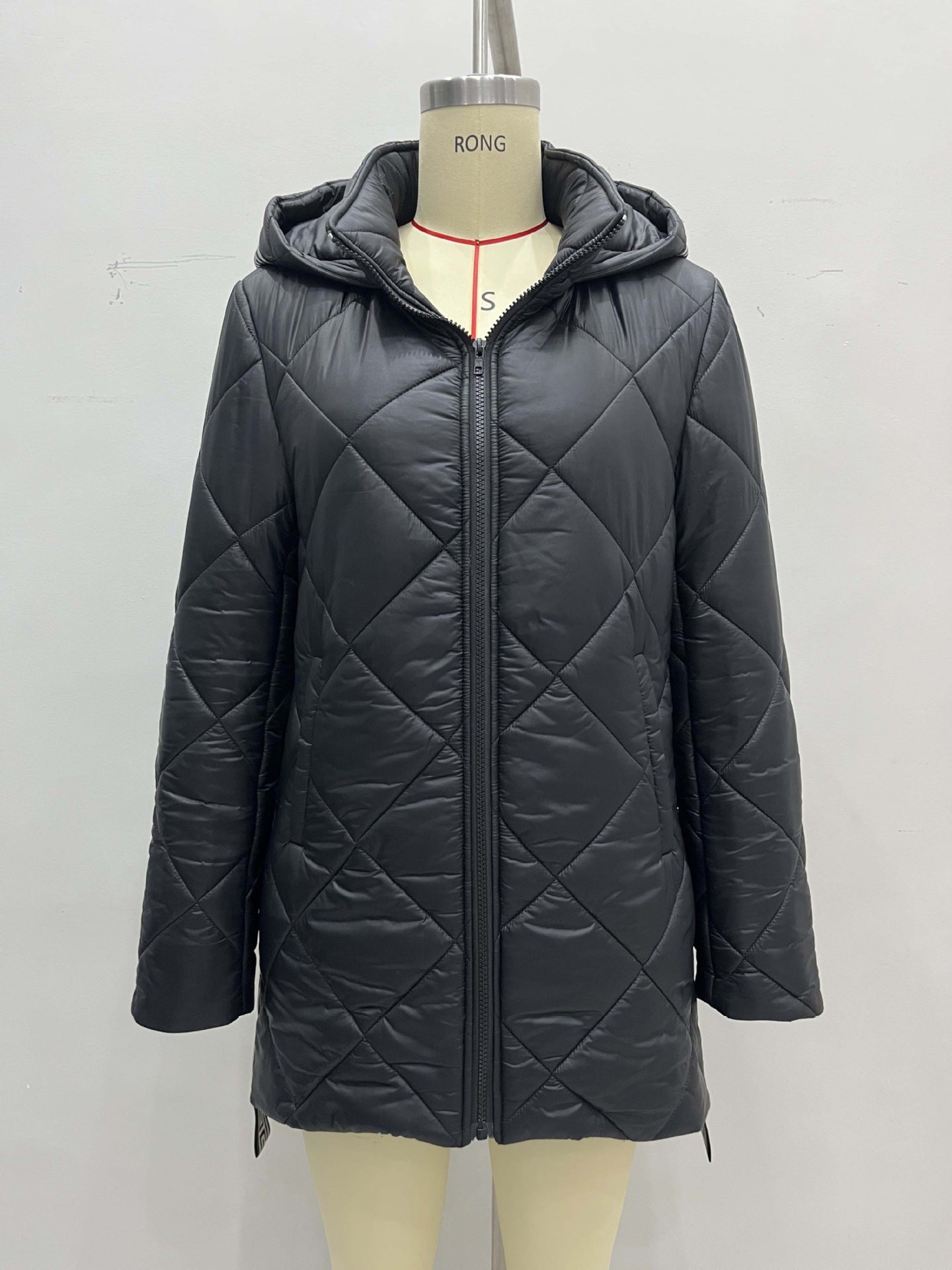 Mid-Length Diamond Quilted Coat with Hood