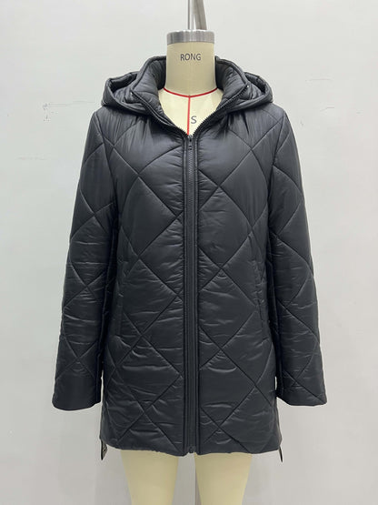 Mid-Length Diamond Quilted Coat with Hood