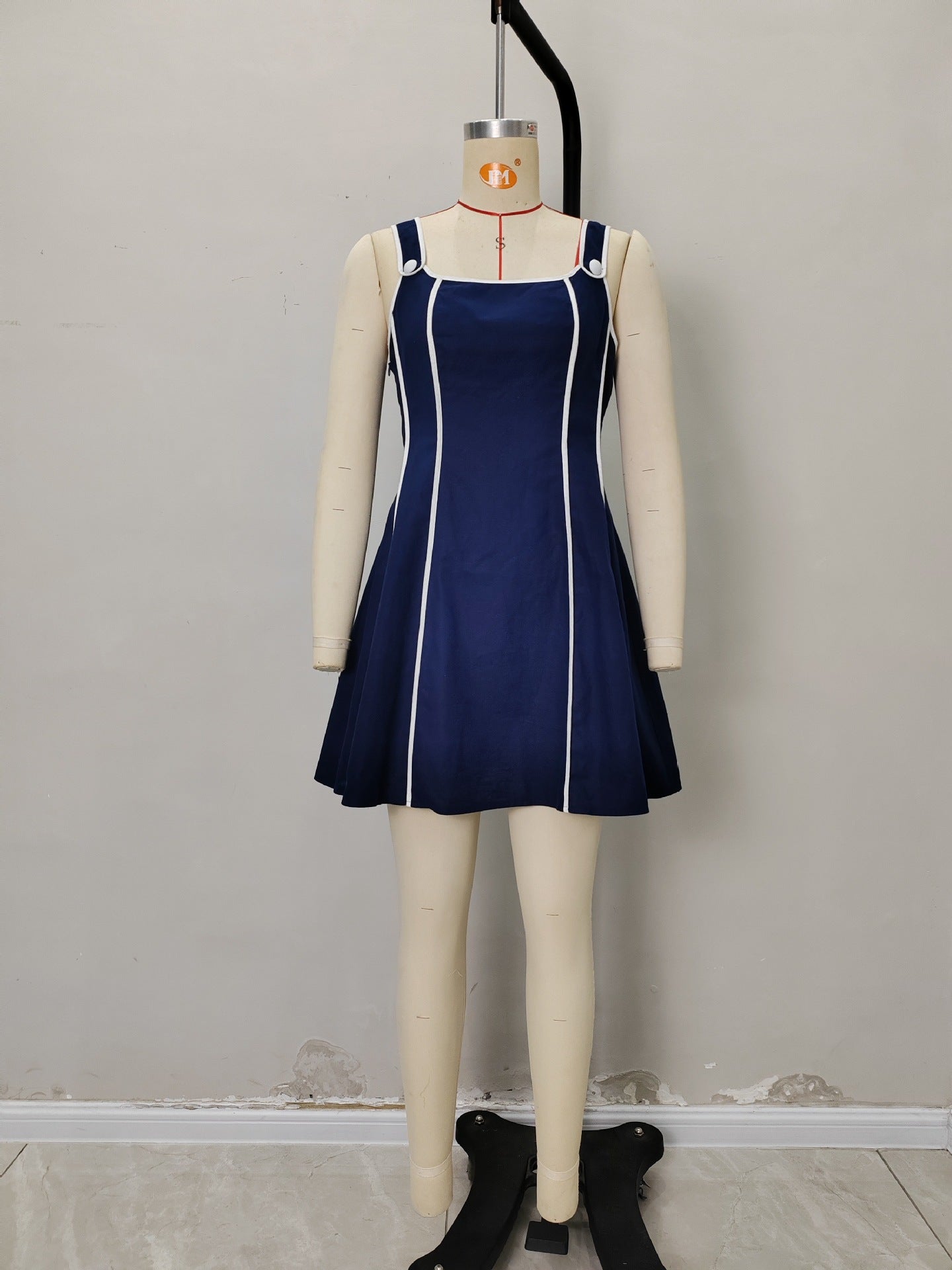 Linen Blend A-Line Mini Dress with Contrast Piping and Square Neck