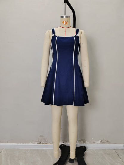 Linen Blend A-Line Mini Dress with Contrast Piping and Square Neck