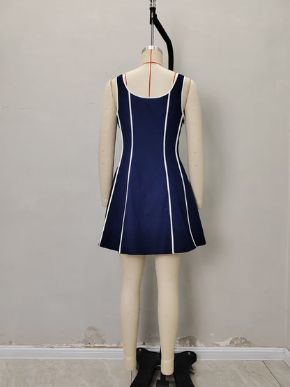 Linen Blend A-Line Mini Dress with Contrast Piping and Square Neck