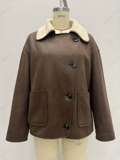 Loose Faux Leather Aviator Jacket with Faux Shearling Lining