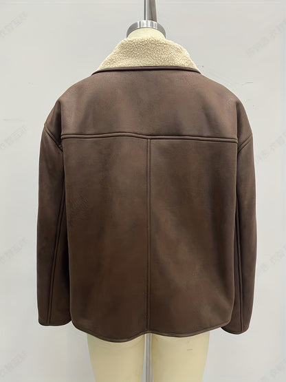 Loose Faux Leather Aviator Jacket with Faux Shearling Lining