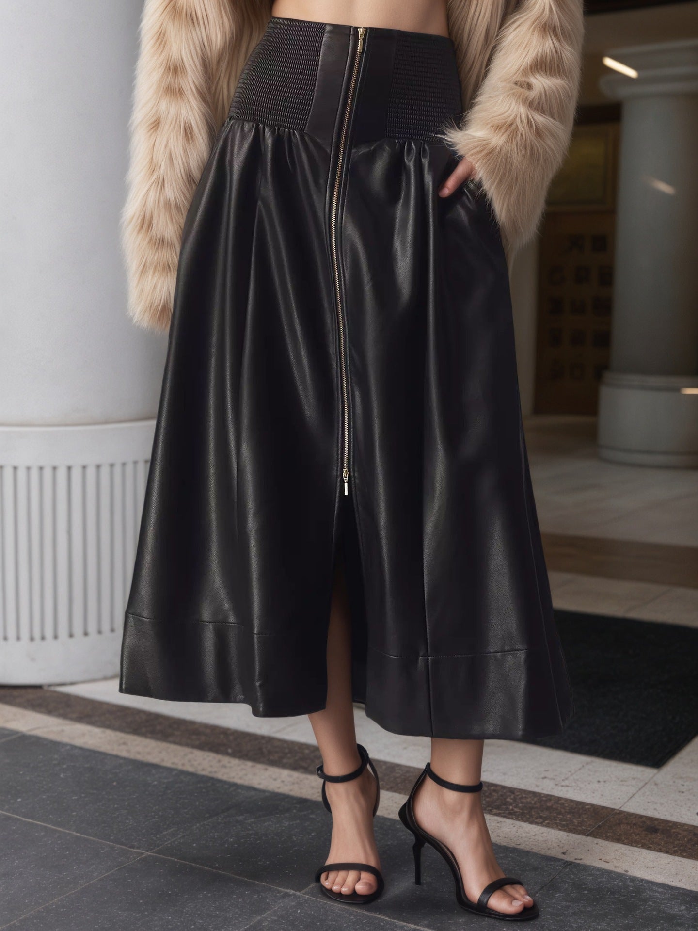 A-Line PU Leather Midi Skirt with Shirred Waist and Front Zipper