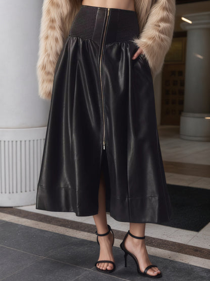 A-Line PU Leather Midi Skirt with Shirred Waist and Front Zipper