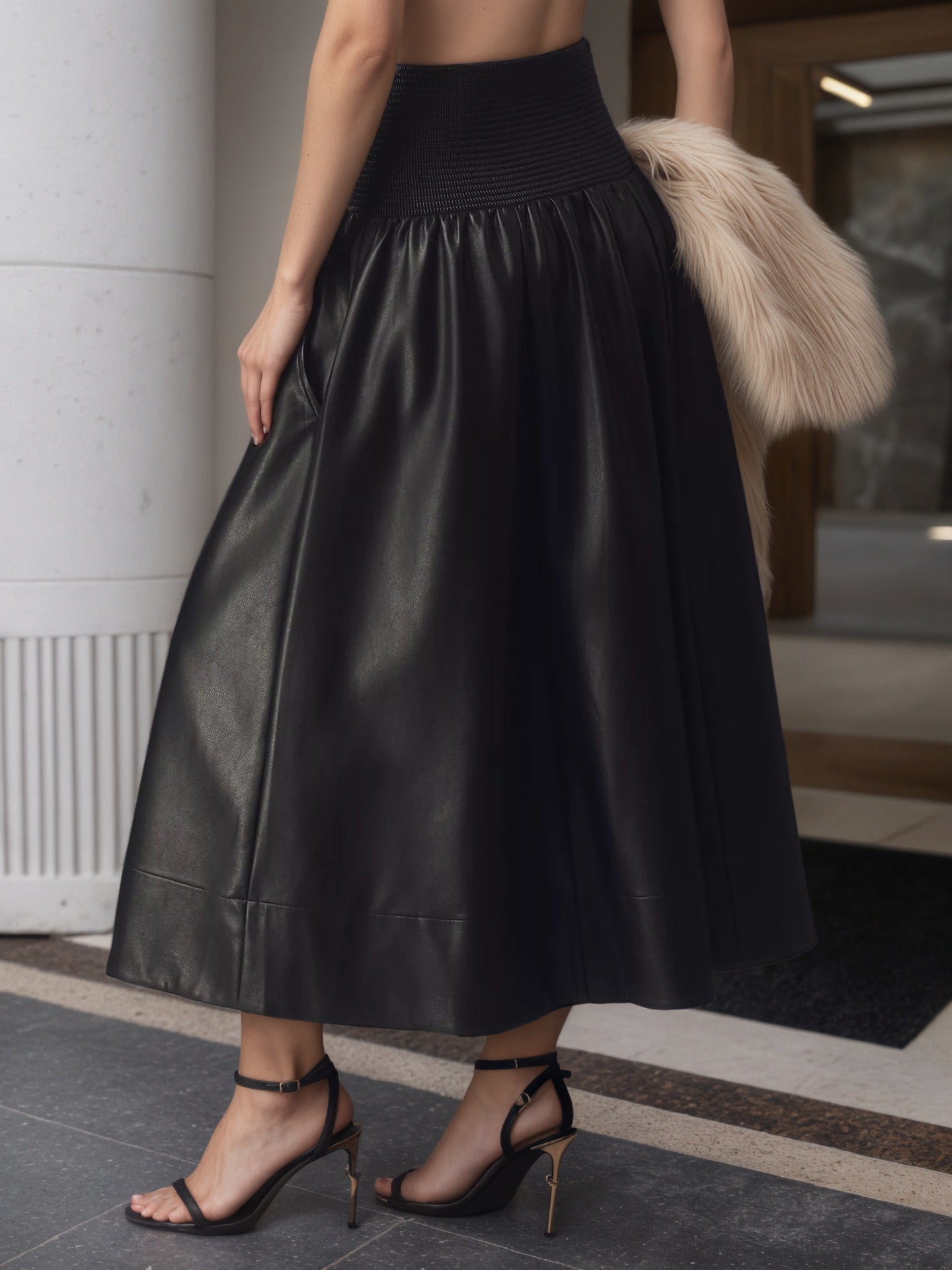 A-Line PU Leather Midi Skirt with Shirred Waist and Front Zipper