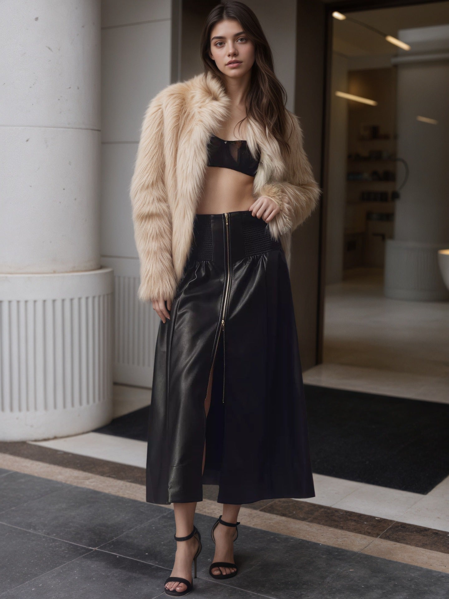 A-Line PU Leather Midi Skirt with Shirred Waist and Front Zipper