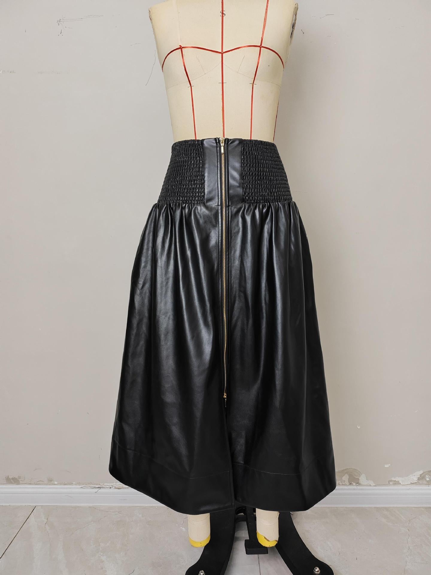A-Line PU Leather Midi Skirt with Shirred Waist and Front Zipper