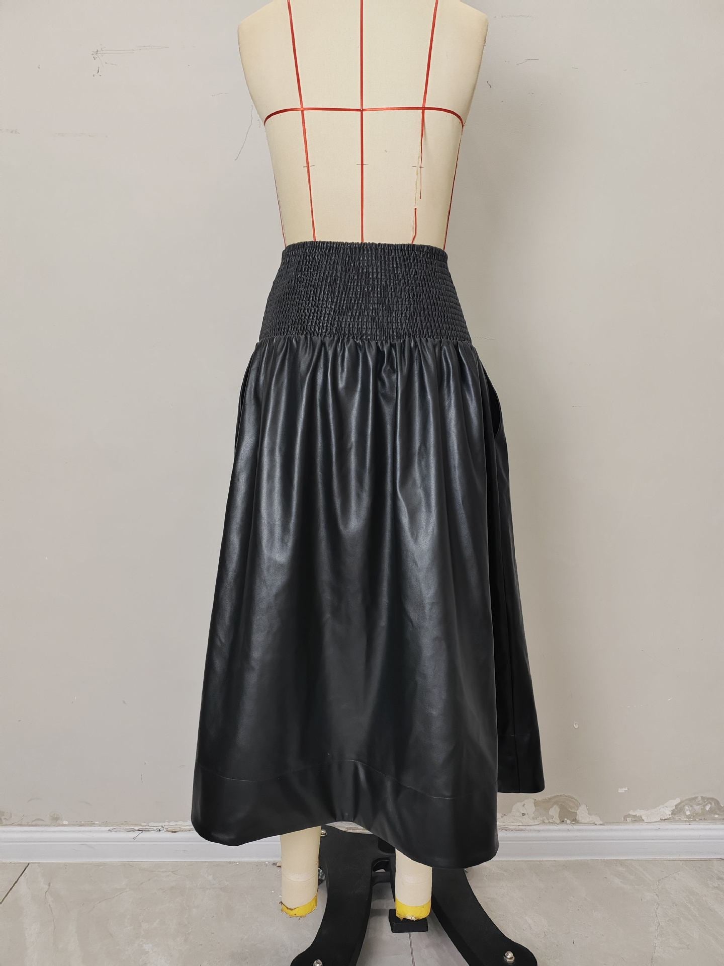 A-Line PU Leather Midi Skirt with Shirred Waist and Front Zipper