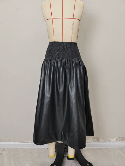 A-Line PU Leather Midi Skirt with Shirred Waist and Front Zipper