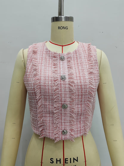 Tweed Cropped Top with Fringed Trim and Decorative Buttons