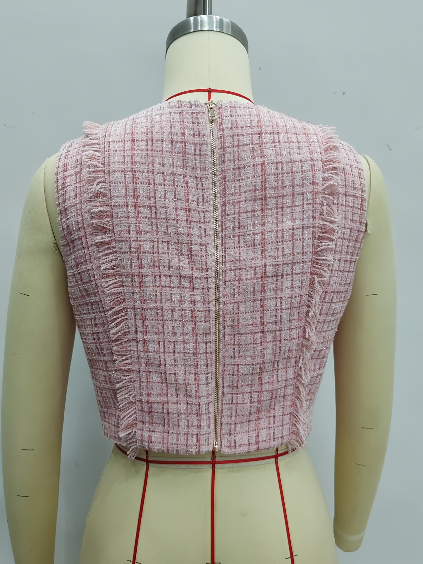 Tweed Cropped Top with Fringed Trim and Decorative Buttons