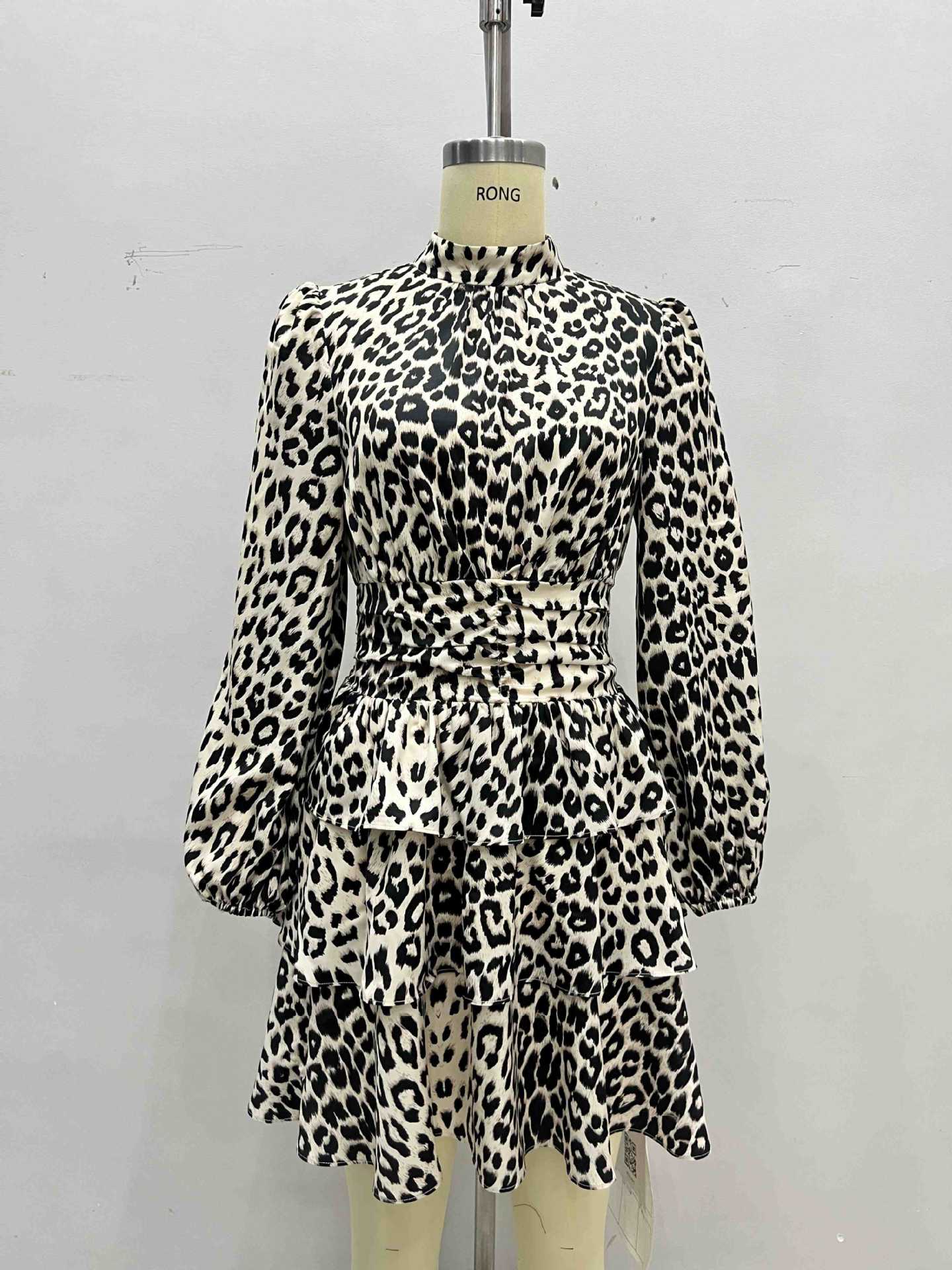 Leopard Print Dress with Puff Sleeves and Tiered Skirt