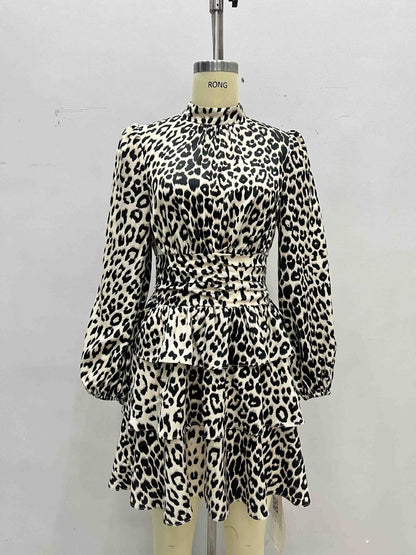 Leopard Print Dress with Puff Sleeves and Tiered Skirt