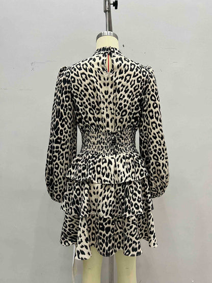Leopard Print Dress with Puff Sleeves and Tiered Skirt