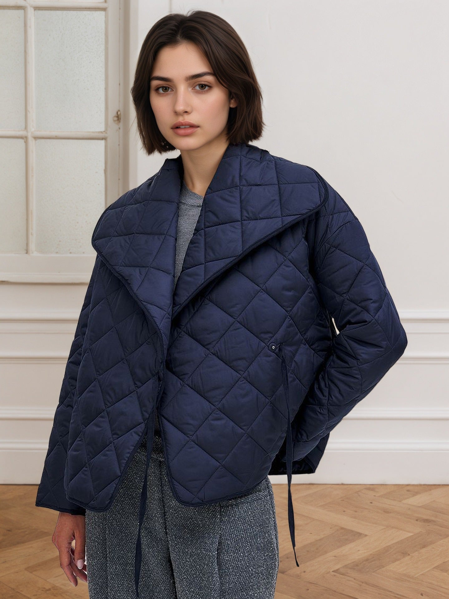 Royal Blue Quilted Jacket with Wide Lapel and Loose Fit