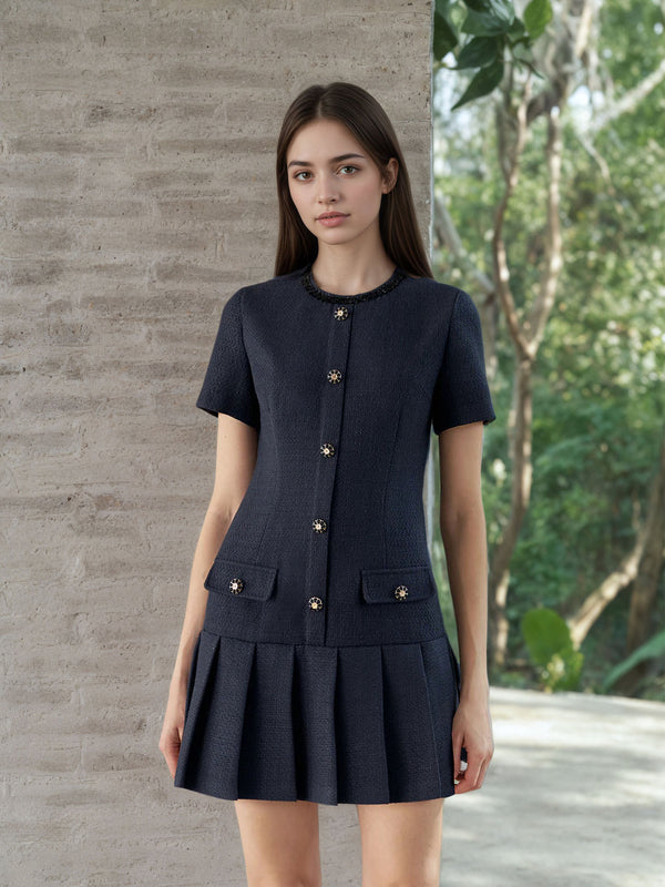 Tweed-Texture Mini Dress with Pleated Skirt and Gold Buttons