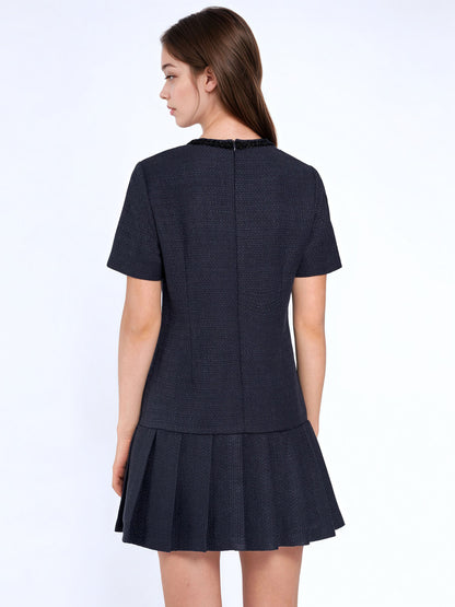 Tweed-Texture Mini Dress with Pleated Skirt and Gold Buttons