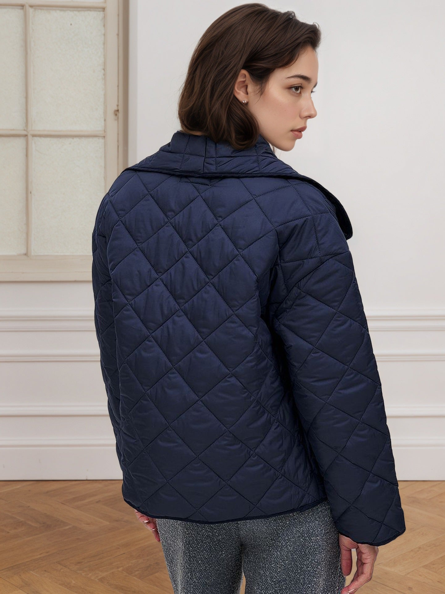 Royal Blue Quilted Jacket with Wide Lapel and Loose Fit