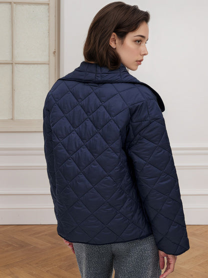 Royal Blue Quilted Jacket with Wide Lapel and Loose Fit