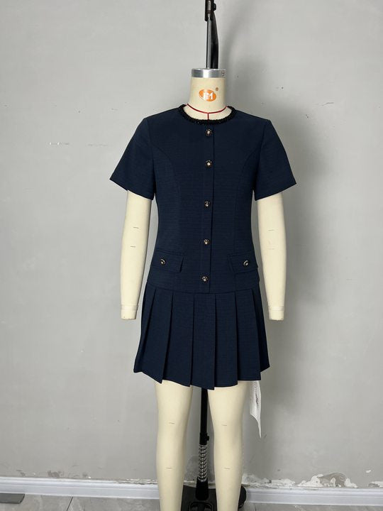 Tweed-Texture Mini Dress with Pleated Skirt and Gold Buttons