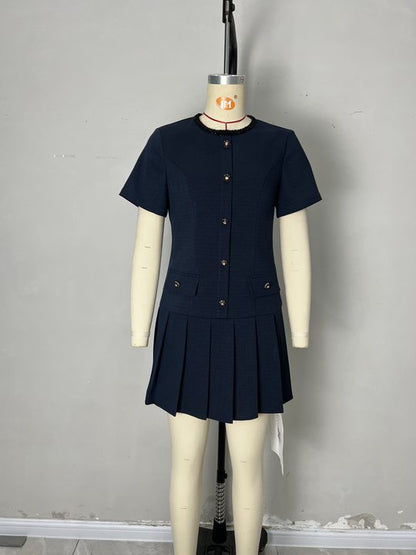 Tweed-Texture Mini Dress with Pleated Skirt and Gold Buttons