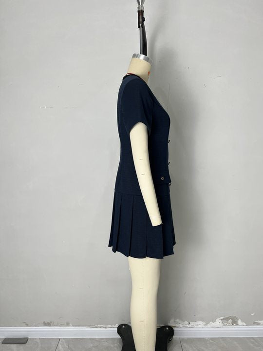 Tweed-Texture Mini Dress with Pleated Skirt and Gold Buttons