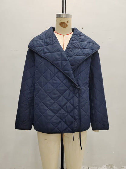 Royal Blue Quilted Jacket with Wide Lapel and Loose Fit