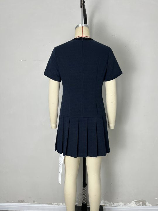 Tweed-Texture Mini Dress with Pleated Skirt and Gold Buttons