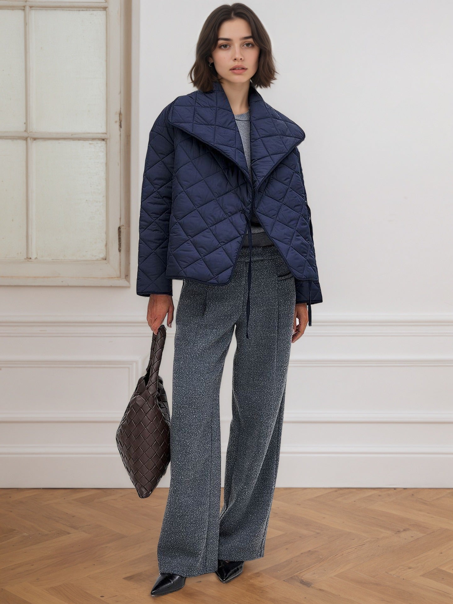 Royal Blue Quilted Jacket with Wide Lapel and Loose Fit