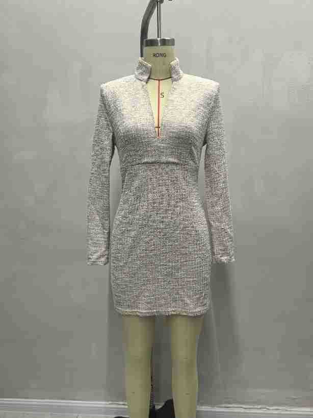 Houndstooth Bodycon Mini Dress with Stand Collar V-Neck