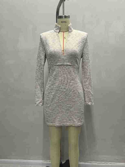 Houndstooth Bodycon Mini Dress with Stand Collar V-Neck