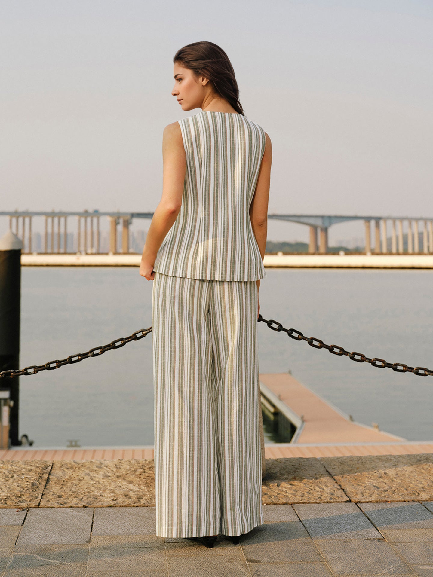 Striped Co-ord Set with V-Neck Vest and Wide-Leg Trousers