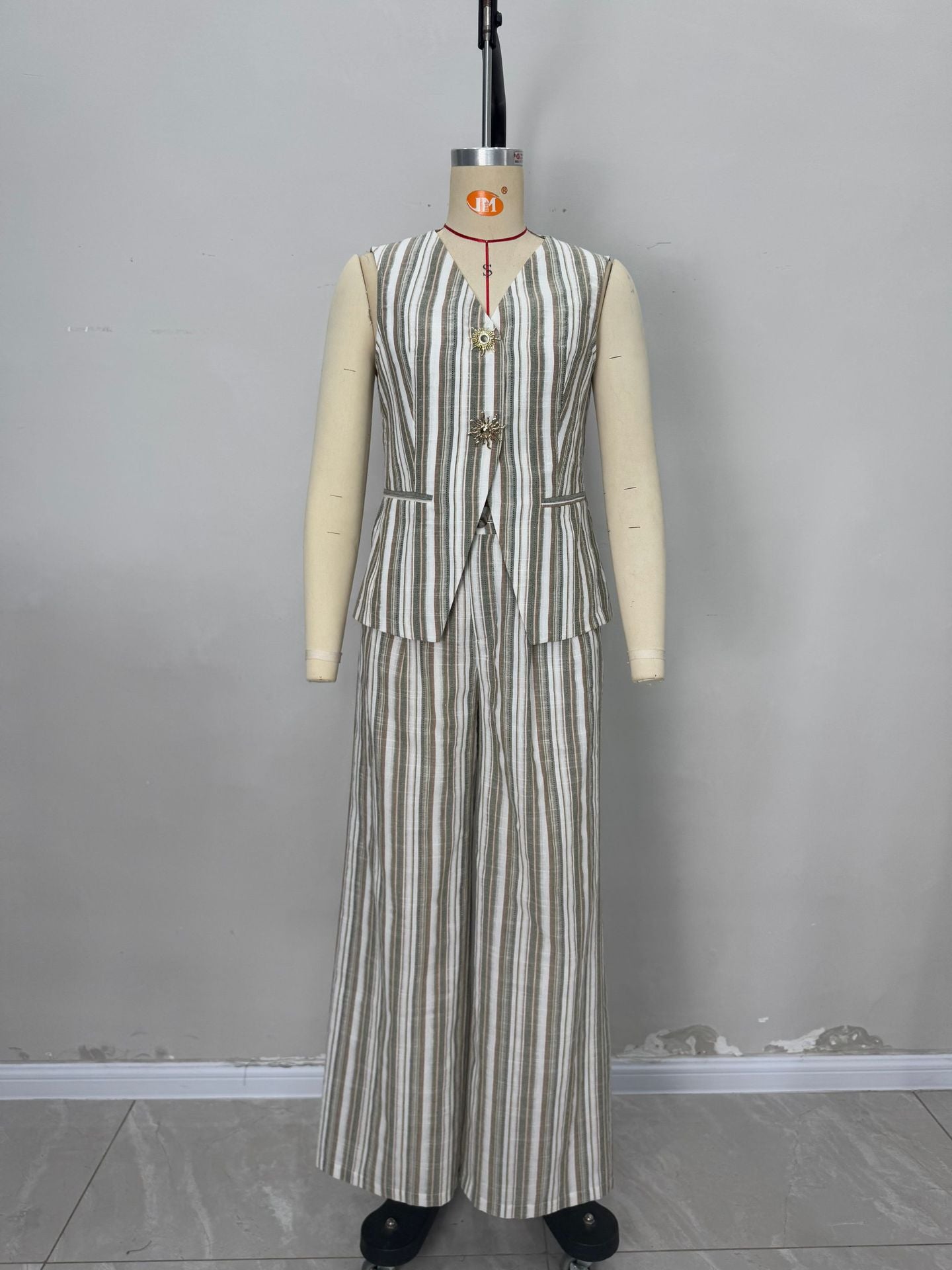 Striped Co-ord Set with V-Neck Vest and Wide-Leg Trousers