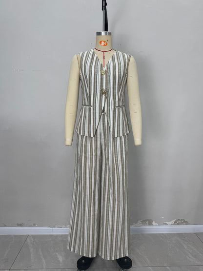 Striped Co-ord Set with V-Neck Vest and Wide-Leg Trousers