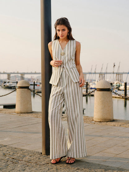 Striped Co-ord Set with V-Neck Vest and Wide-Leg Trousers