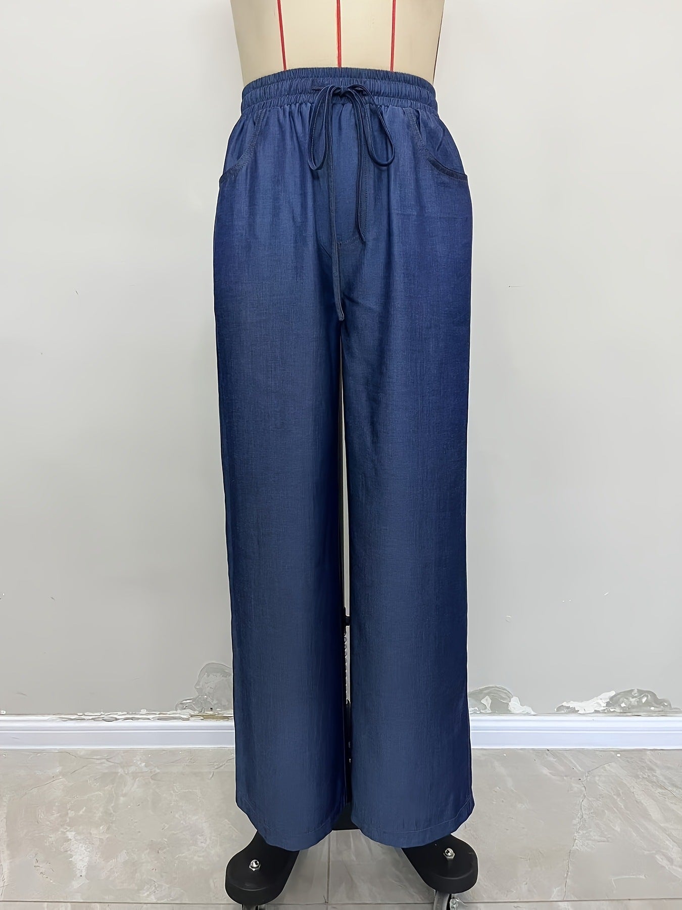 Wide-Leg Imitation Denim Pants with High-Waist Drawstring