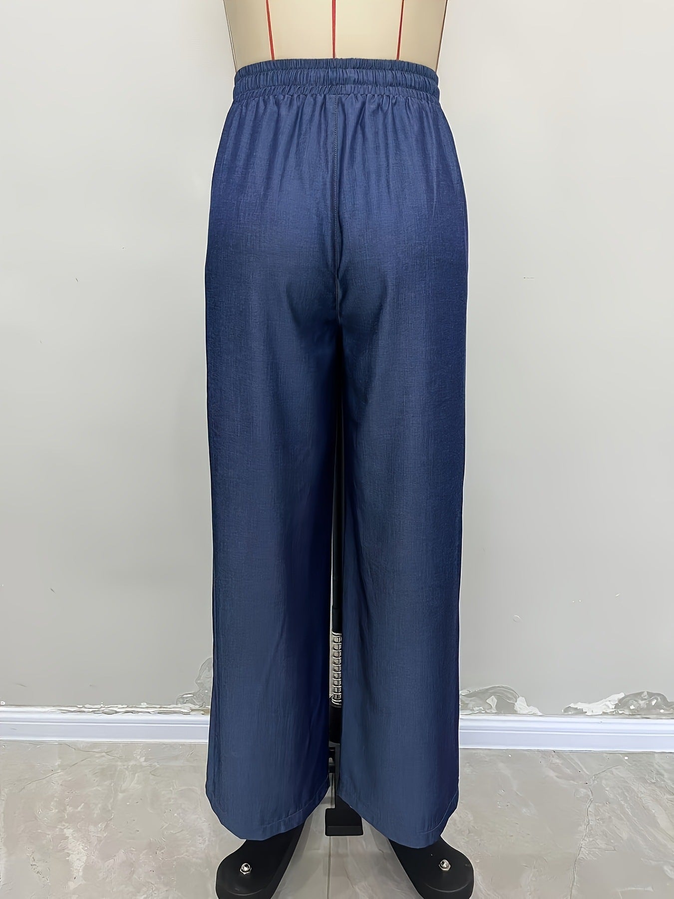 Wide-Leg Imitation Denim Pants with High-Waist Drawstring