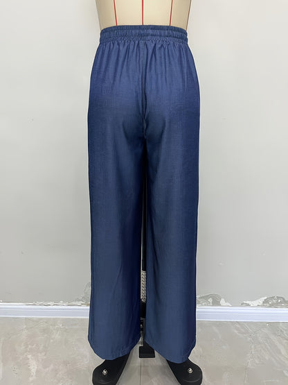 Wide-Leg Imitation Denim Pants with High-Waist Drawstring