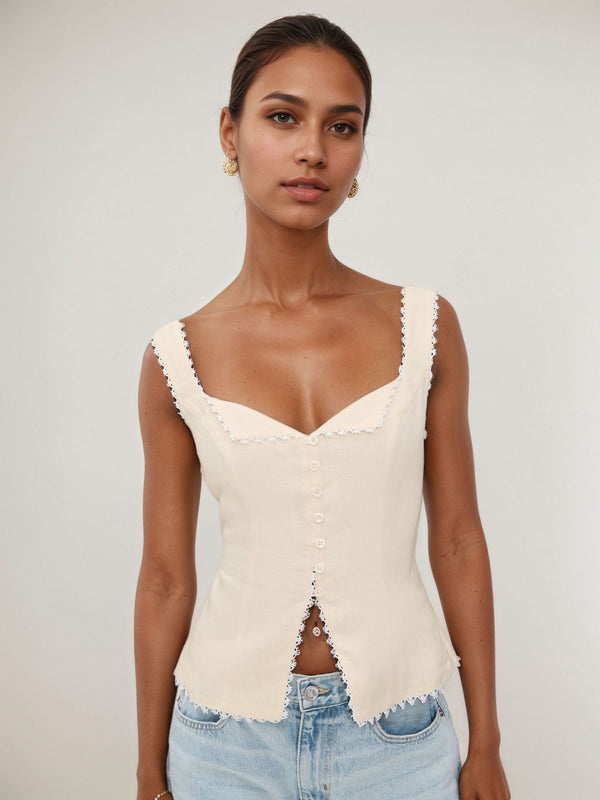 Linen Blend Corset Top with Lace Trim and Button Front