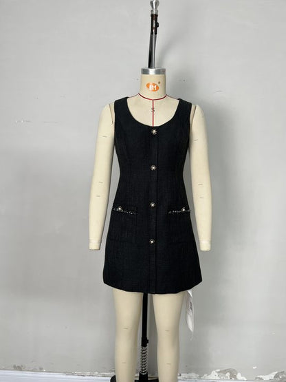 Sleeveless Mini Dress with Button Front and Pockets