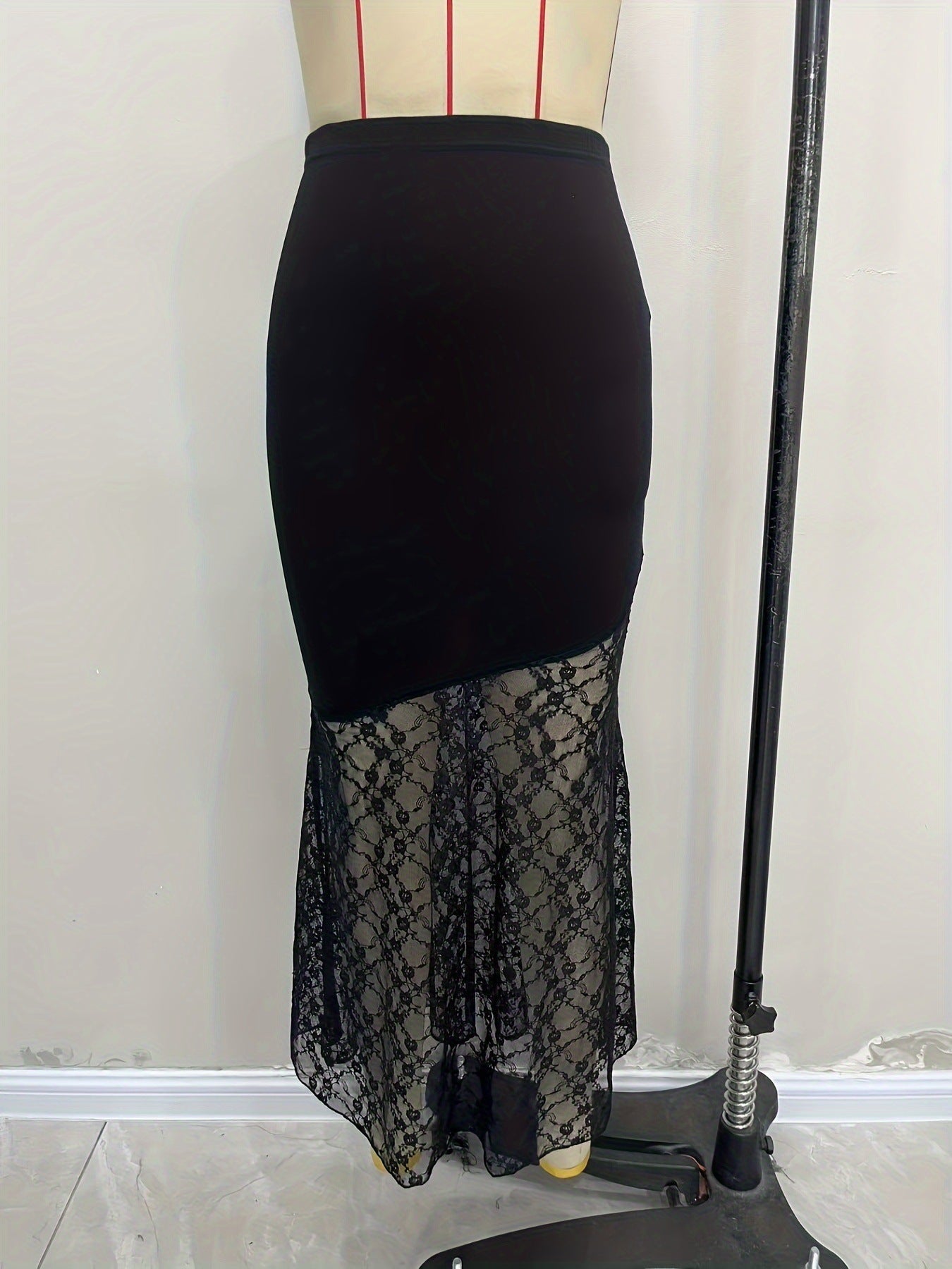 Bodycon Fishtail Maxi Skirt with Asymmetrical Lace Hem