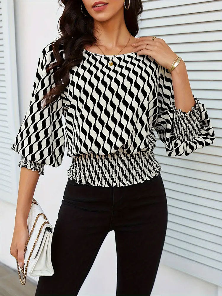 Wavy Print Blouse with Lantern Sleeves and Shirred Waist