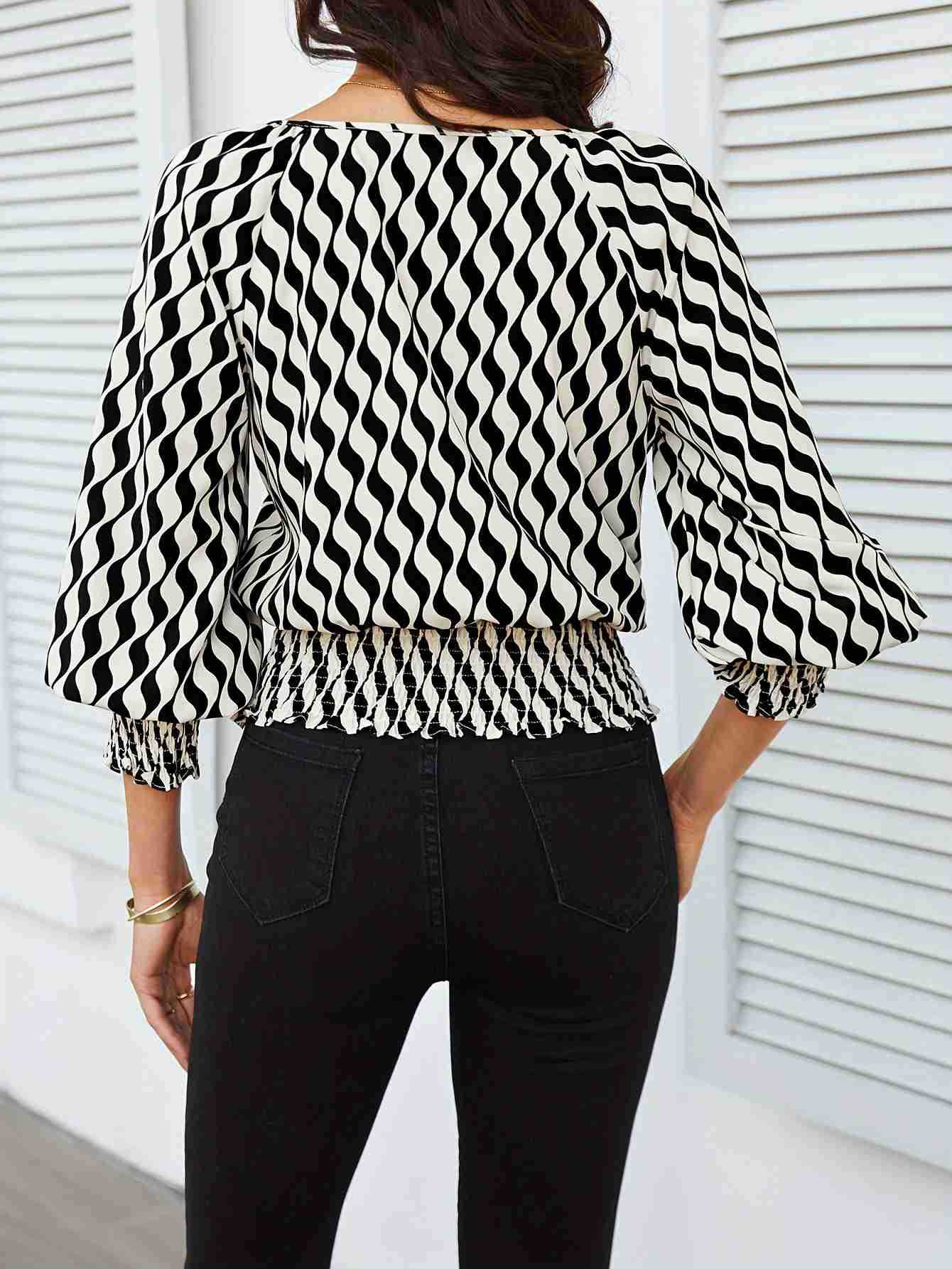 Wavy Print Blouse with Lantern Sleeves and Shirred Waist