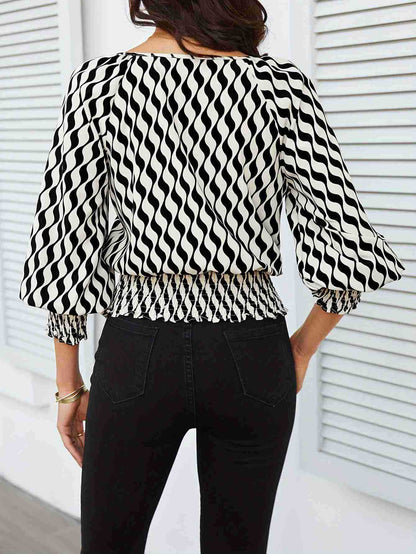 Wavy Print Blouse with Lantern Sleeves and Shirred Waist