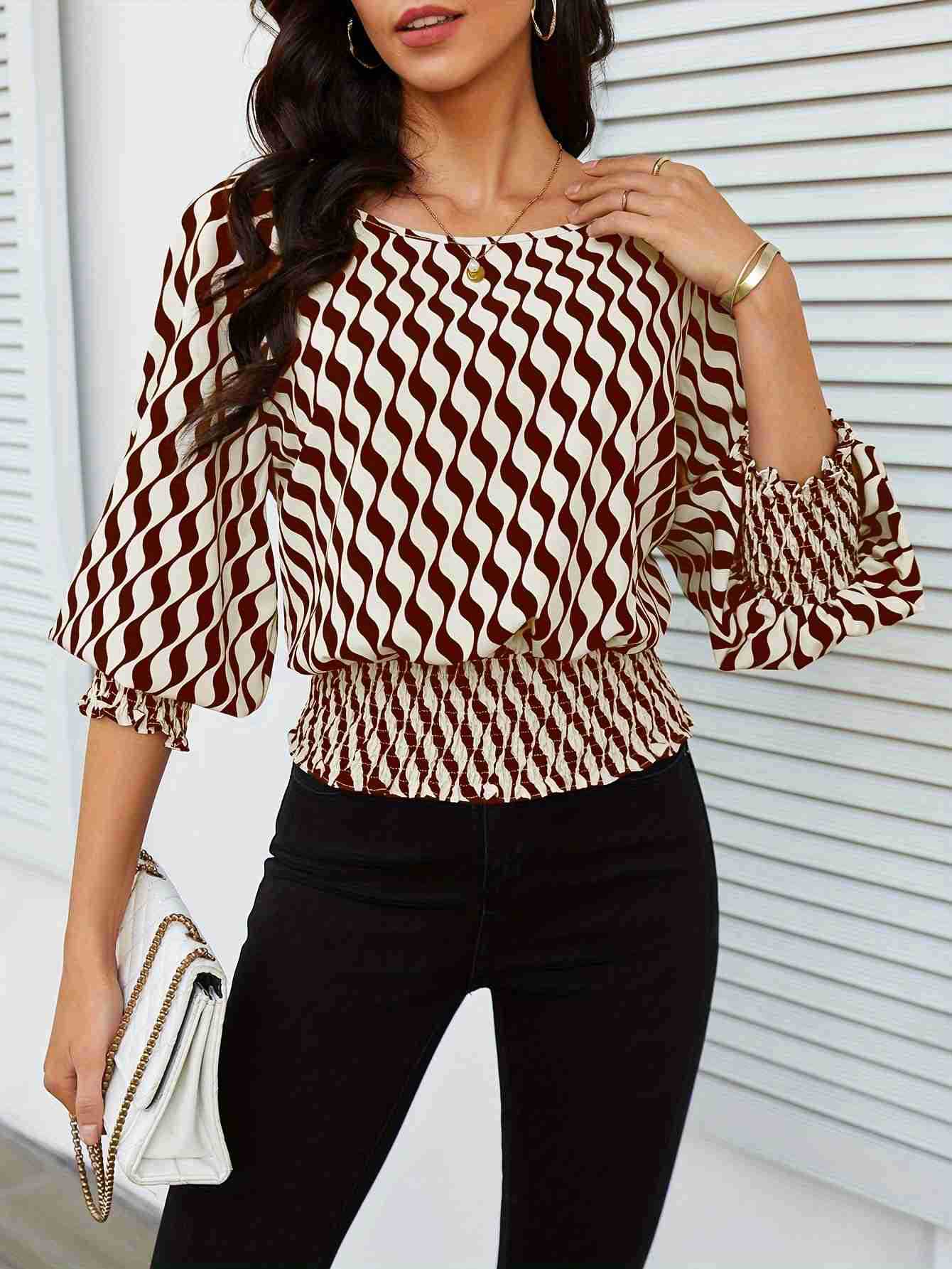 Wavy Print Blouse with Lantern Sleeves and Shirred Waist
